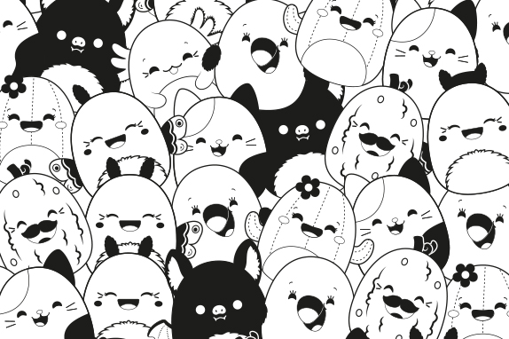 Squishmallows characters overlapping each other outlined in black and white