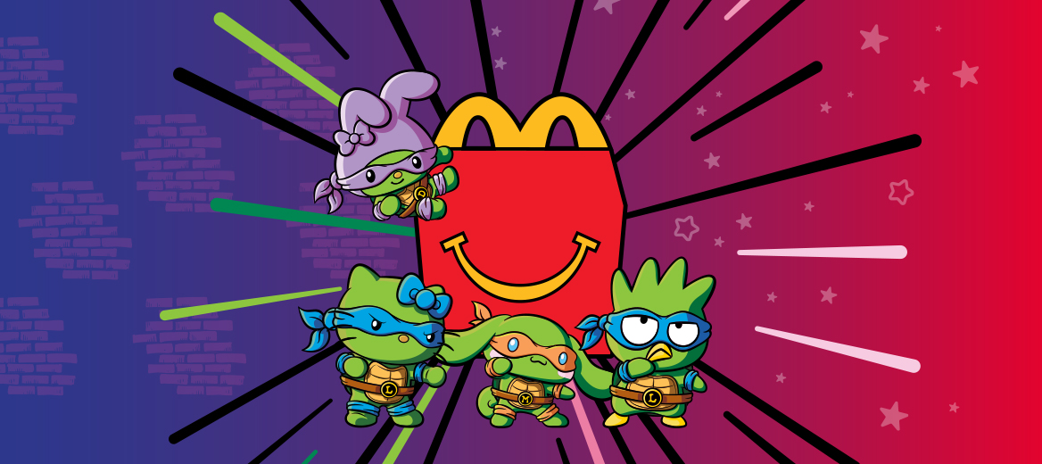Cartoon Kitty Ninja Turtles in front of a red McDonald’s Happy Meal box on a colorful background.