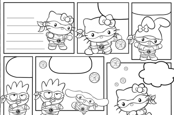 Activity sheet titled “Write Your Own Comic Story” featuring a blank comic strip layout with speech bubbles and cartoon characters from Teenage Mutant Ninja Turtles x Hello Kitty. The sheet invites users to create their own story.