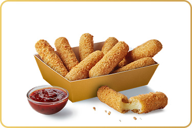 A portion of fifteen mozzarella bites with a breadcrumb coating, served with a rich tomato dip.  