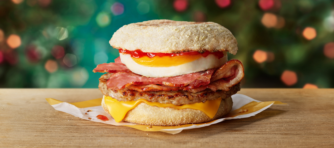 Mighty McMuffin on a table with a Christmas background. 