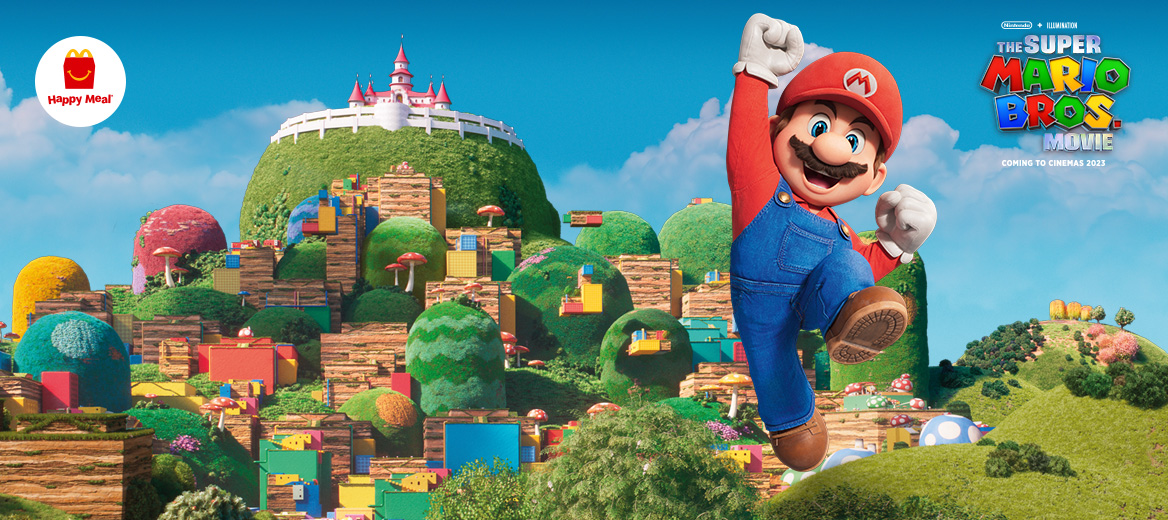 Super Mario on a Mushroom Kingdom background.