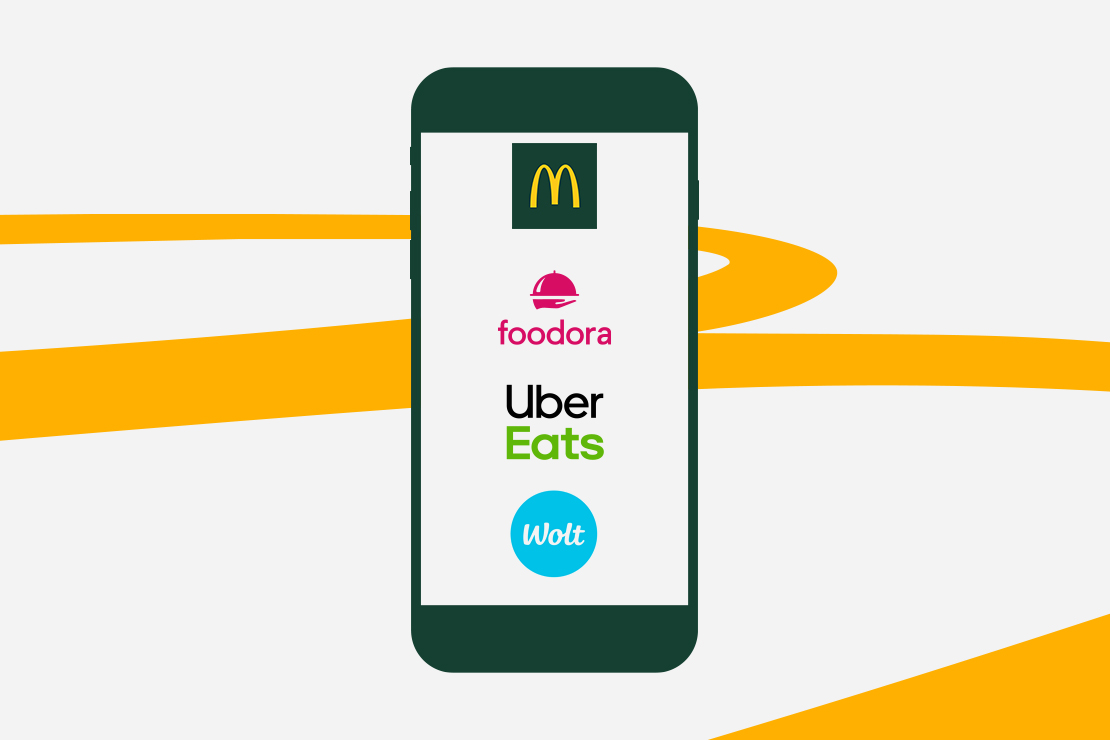 På en smartphone-skärm visas loggorna från McDonald's, Foodora, Uber Eats och Wolt.