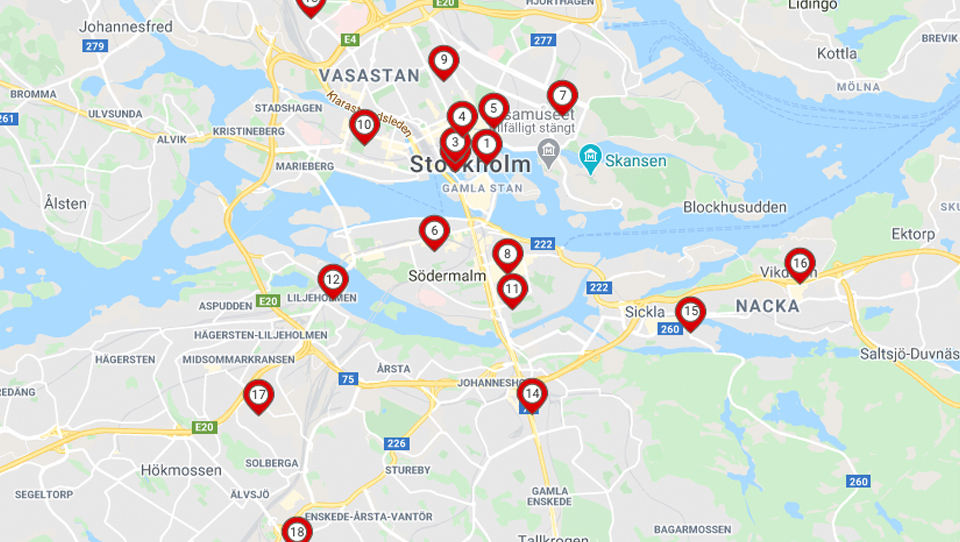 Kartan visar restauranger som erbjuder hemkörning från McDonald's.