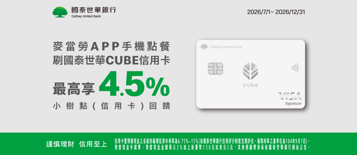 手機點餐刷國泰世華最高享4.5%回饋