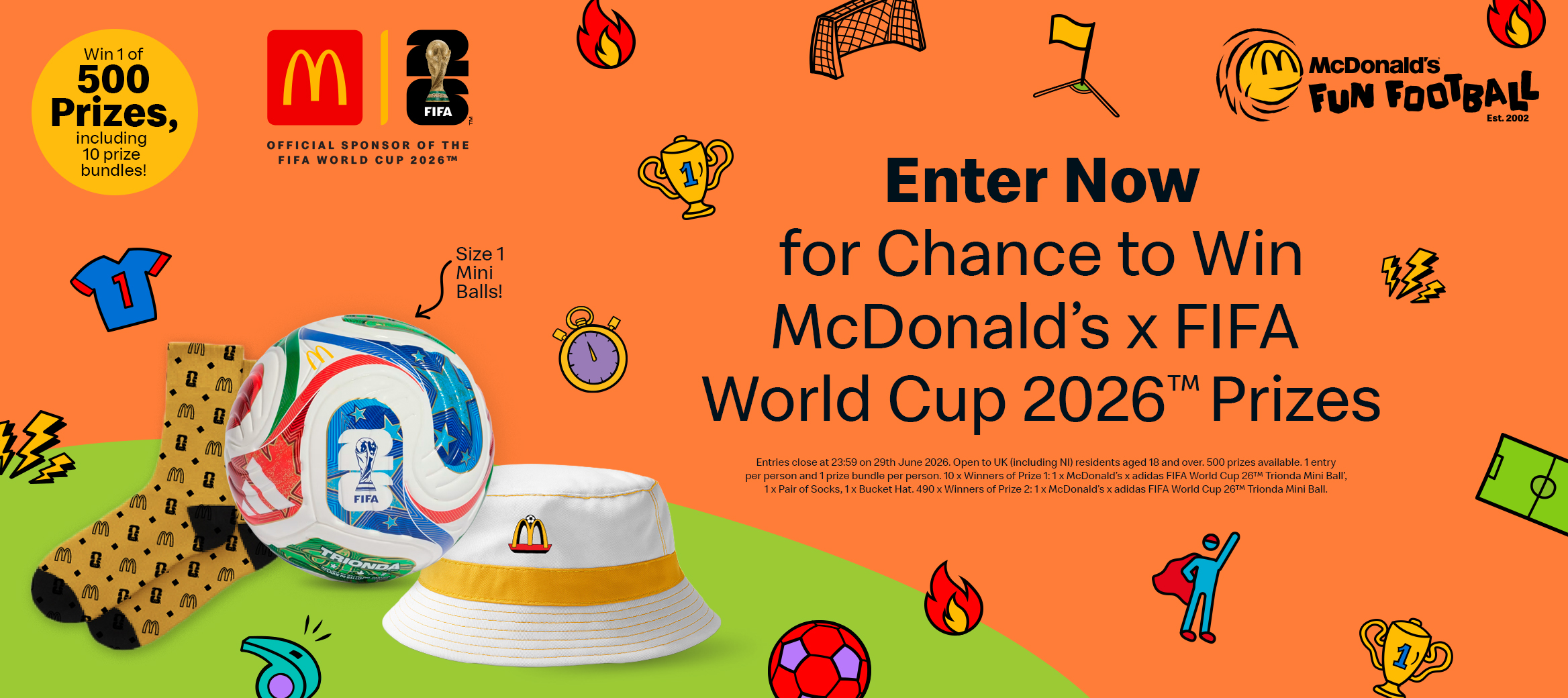 Football, McDonald’s socks and hat on an orange background with Fun Football icons. 