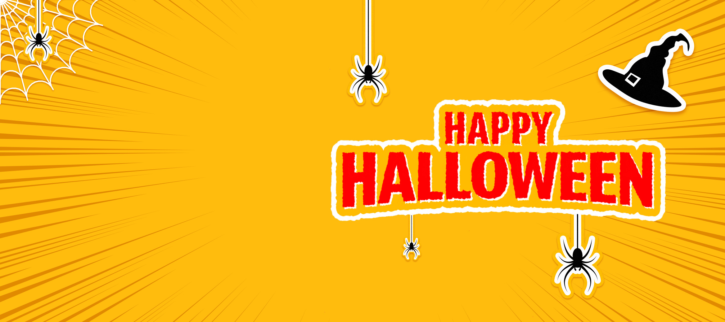 Yellow Halloween themed banner with spiders, spider webs and a witch hat.
