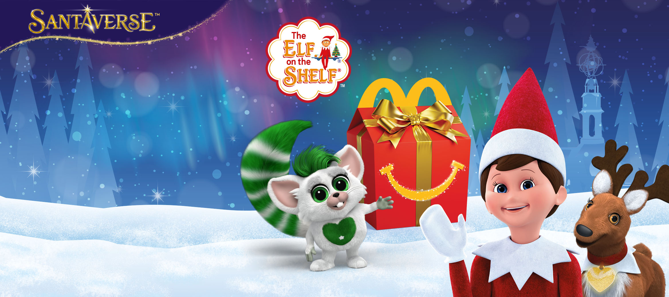 Festive winter scene with an Elf on the Shelf, a reindeer, a green-tailed bogie, and a McDonald’s Happy Meal box in snow.