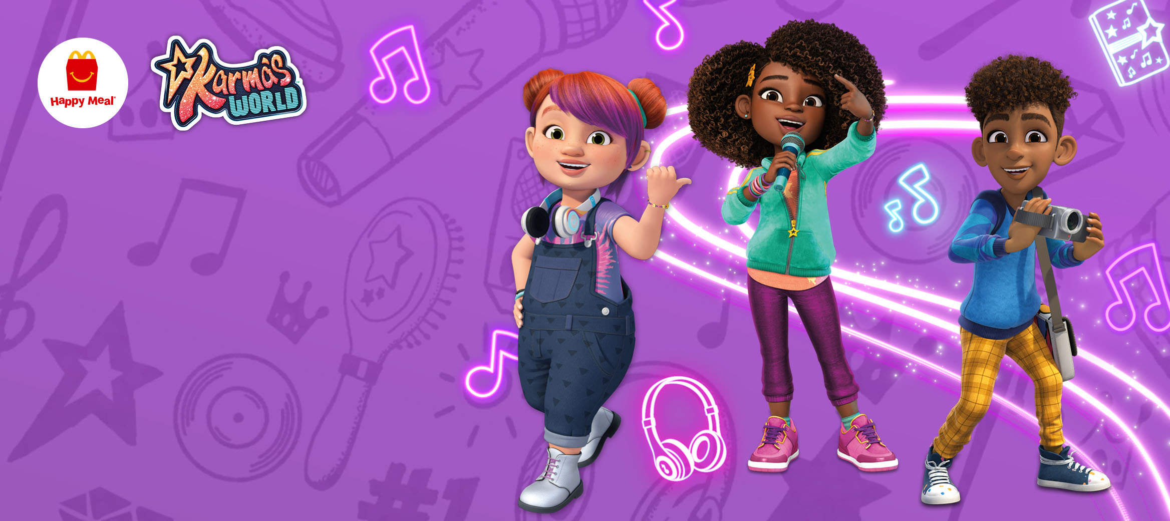Karma, Winston and Switch on a purple background with musical notes.