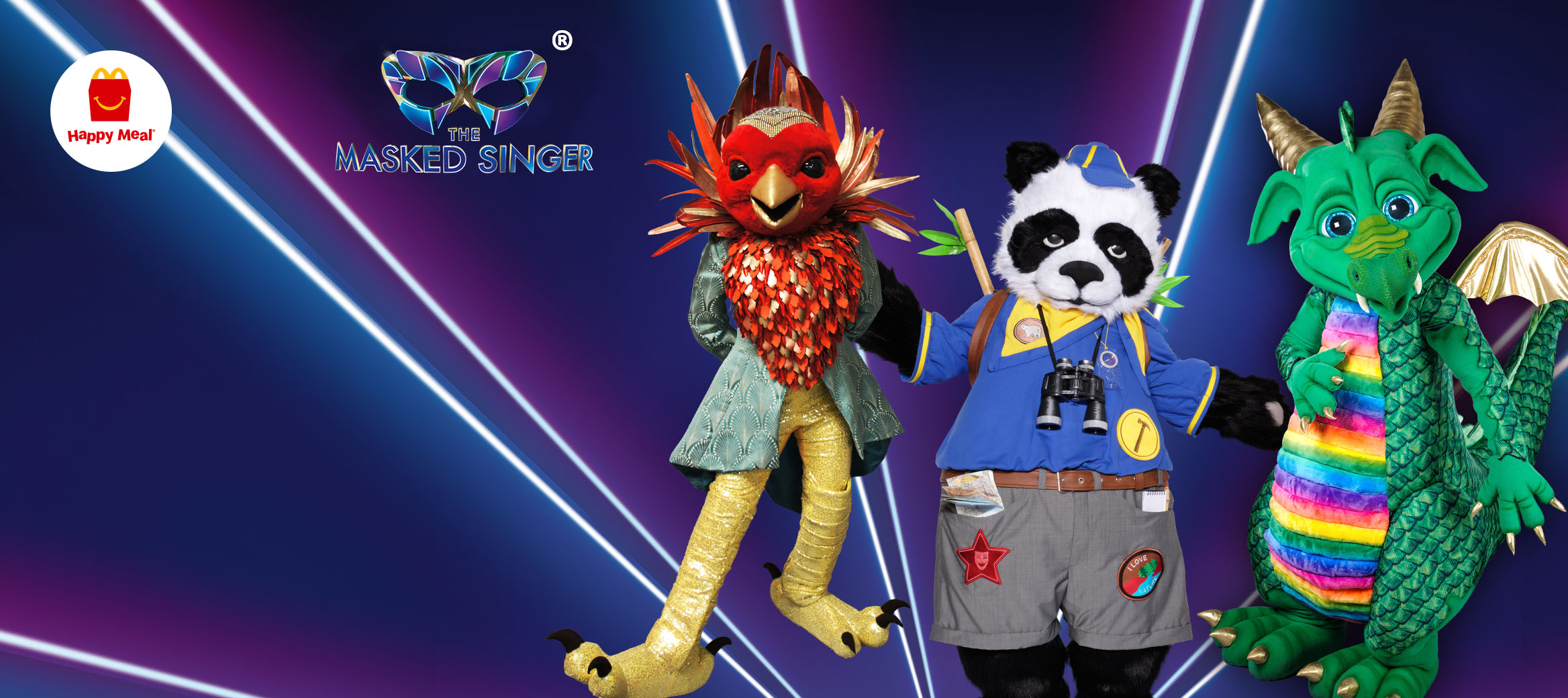 The Masked Singer characters on a blue background with a mask and laser lights.