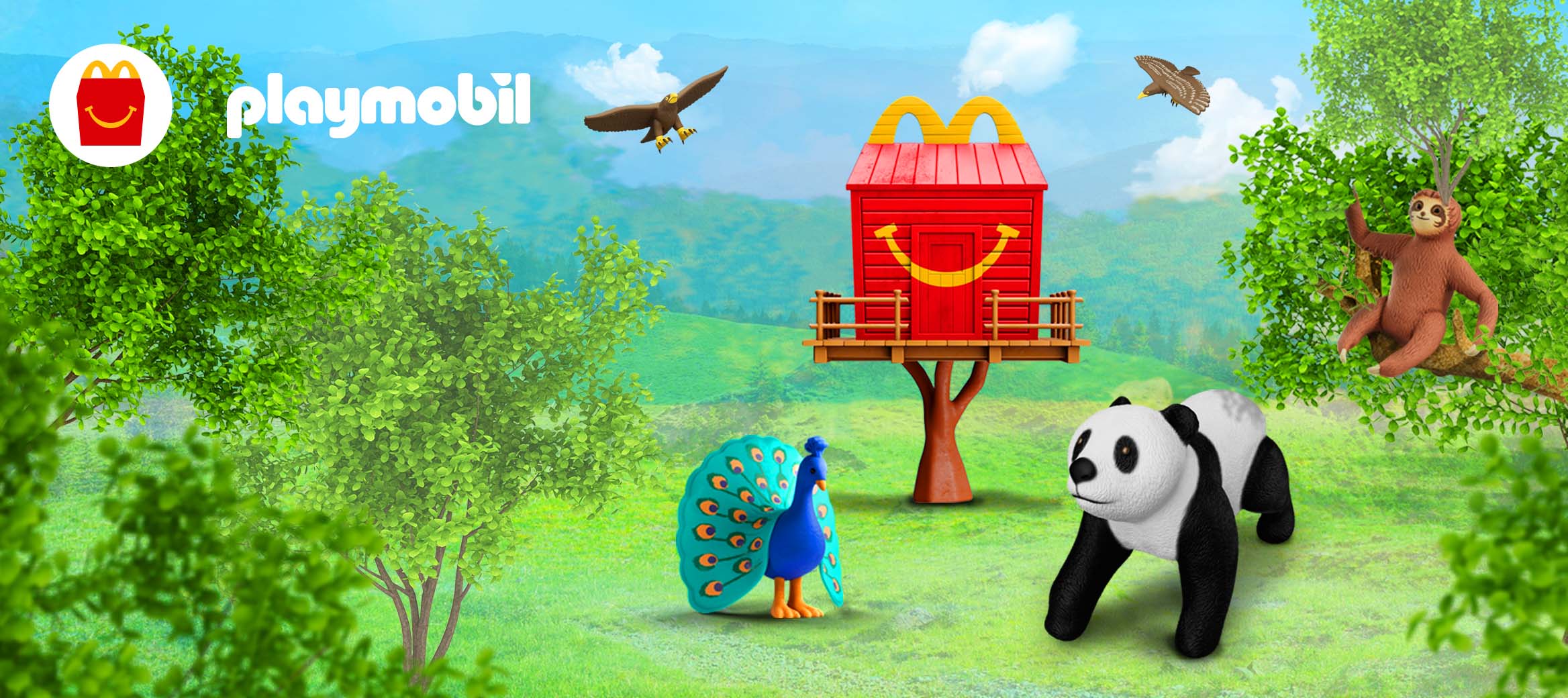 A red Happy Meal box treehouse sits in a field, with mountains in the backdrop and trees in the foreground. Playmobil eagles fly in the blue sky, a Playmobil sloth sits in a tree and a peacock and panda stand in front of the treehouse on the grass. 