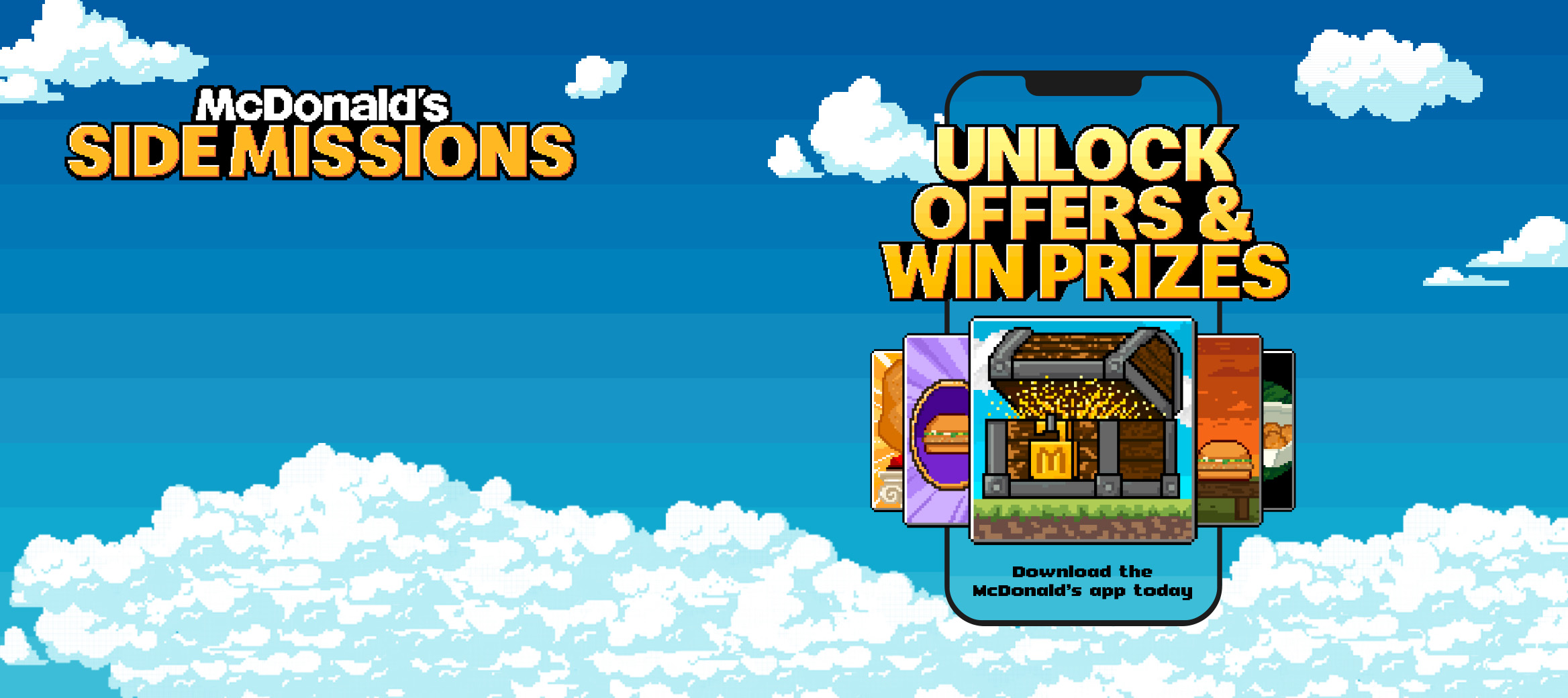 Phone on blue sky background with McDonald’s offers shown as 8-bit pixelated badges