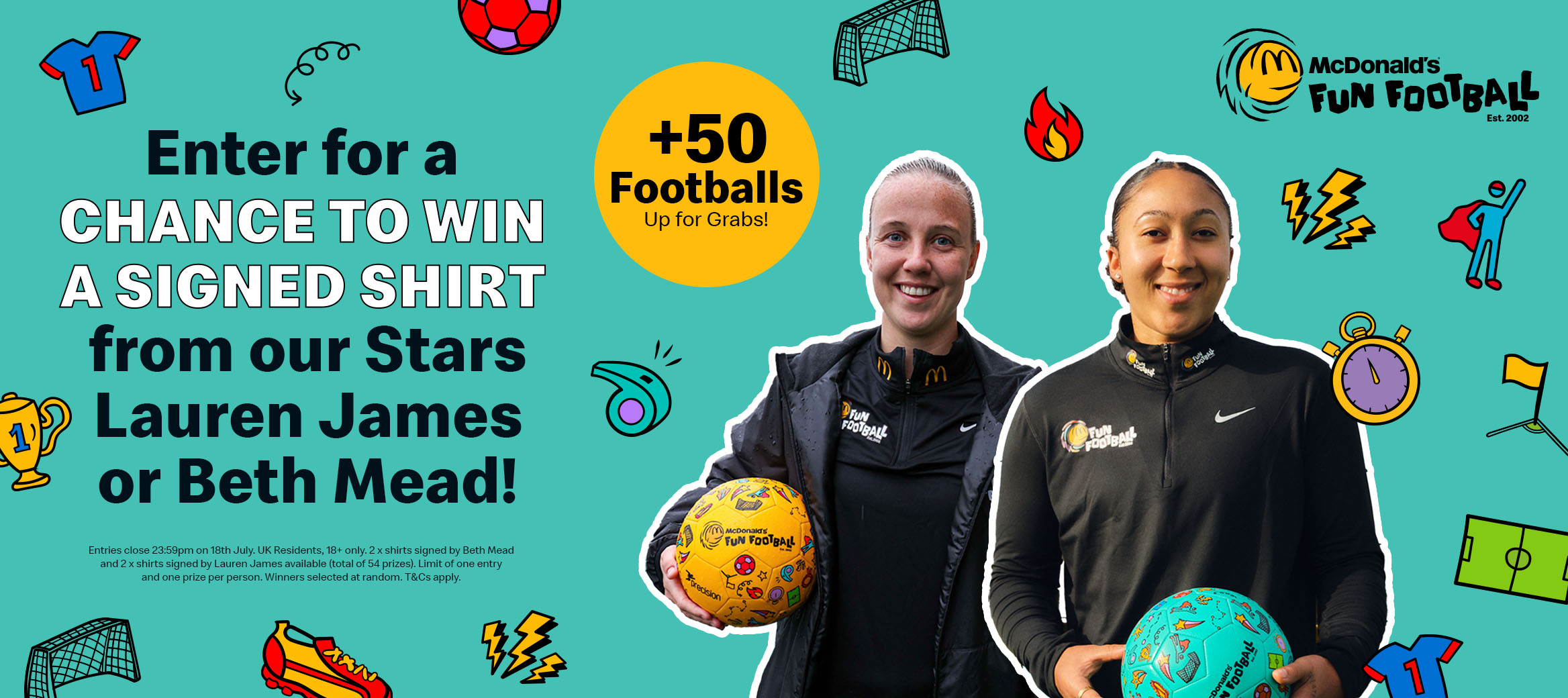 Lauren James and Beth Mead on a green background with Fun Football icons all around.