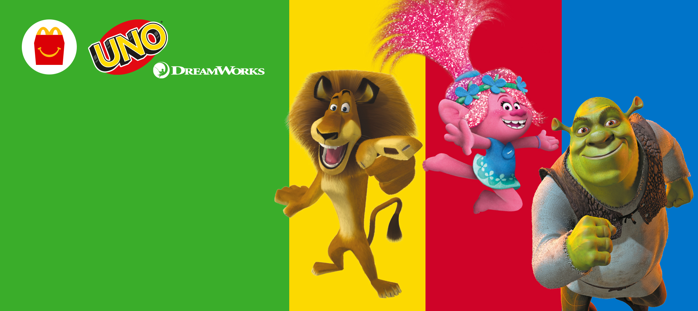  Dreamwork characters on a green, yellow, red, and blue striped  background
