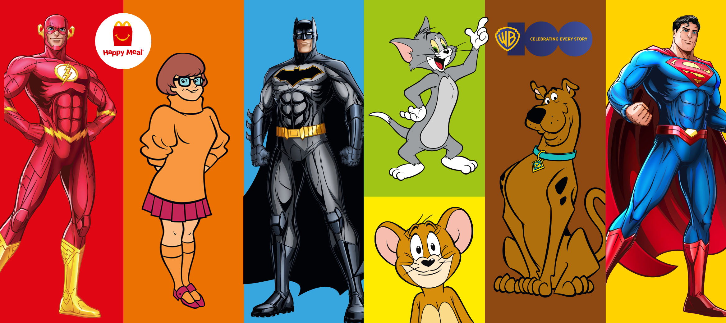 Flash, Batman, Tom, Velma, Jerry, Beast Boy, Starfire, Harley Quinn, Scooby Doo and Superman on different coloured backgrounds. 
