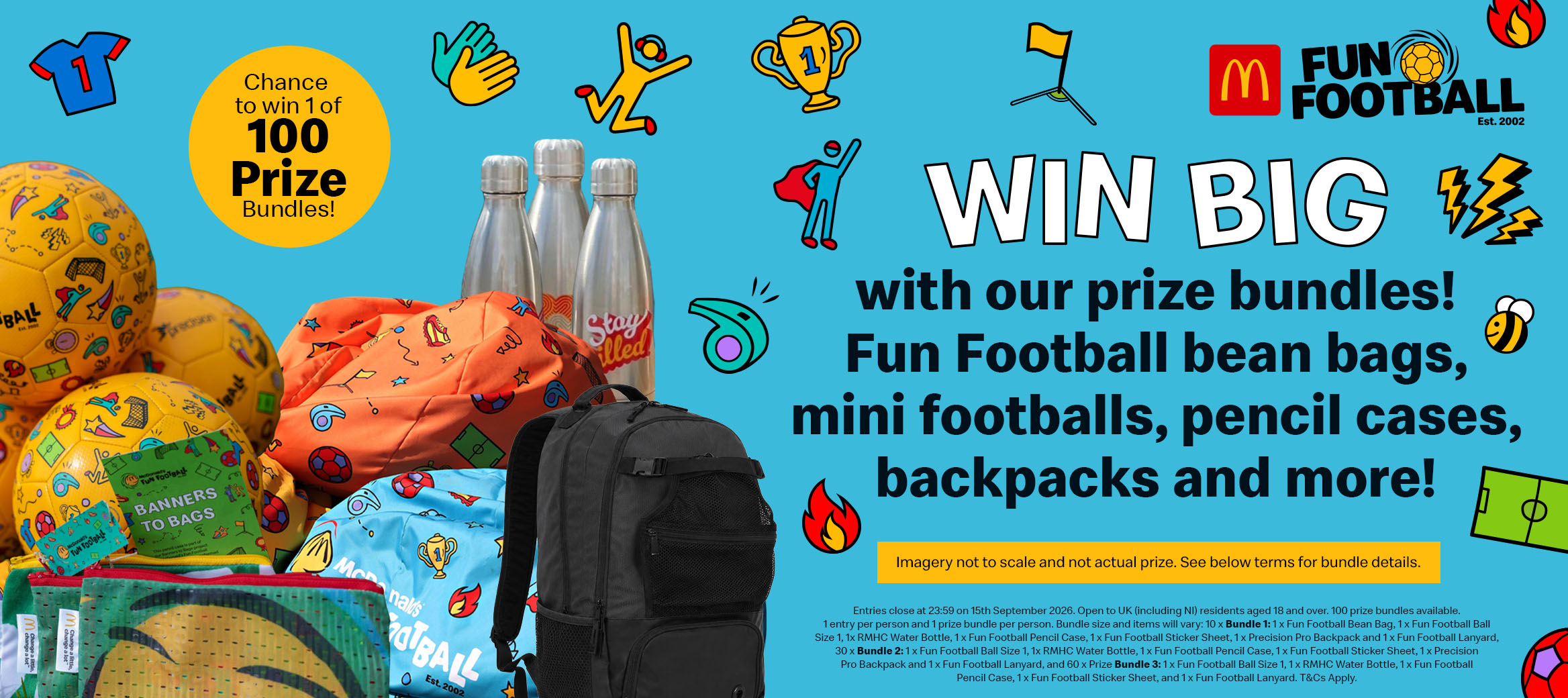 Prize bundles on a bright blue background with fun football icons.