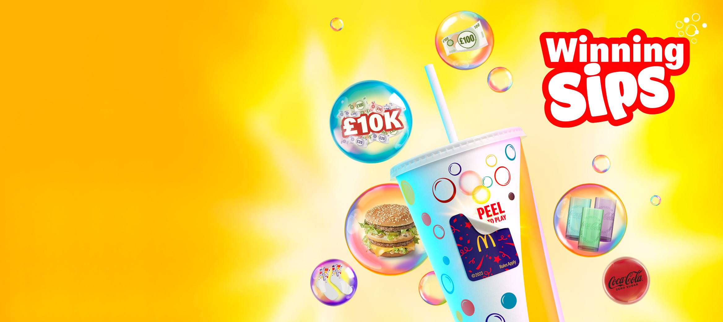 McDonald’s drink cup, Big Mac, trainers, money, coca-cola and glasses on a yellow background.