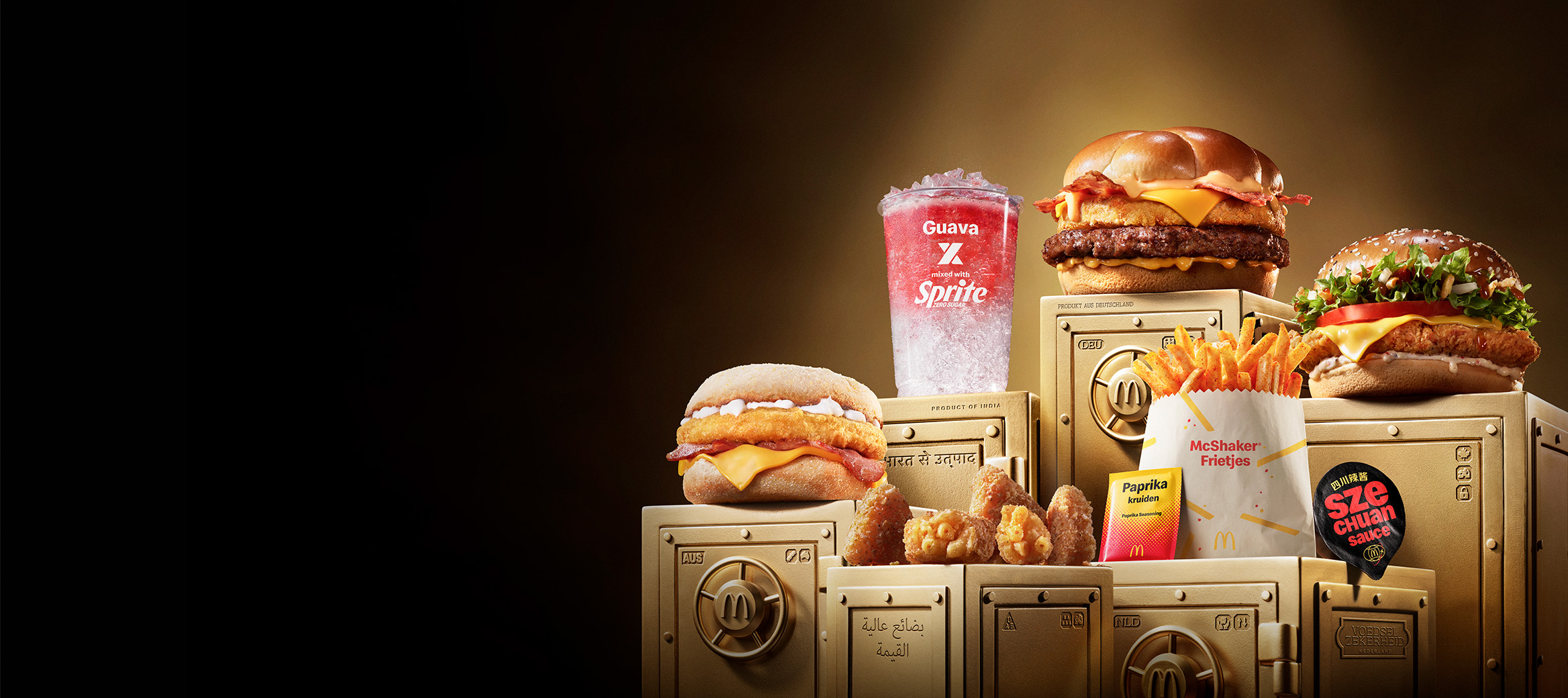 The McDonald's World Menu Heist products all sit on top of gold vaults.