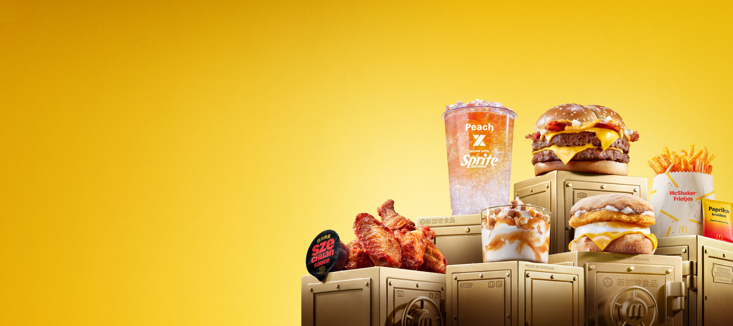 The McDonald's World Menu Heist products all sit on top of gold vaults.