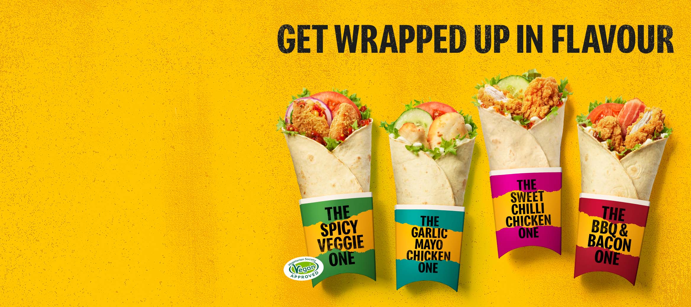 Five wraps on a yellow background.