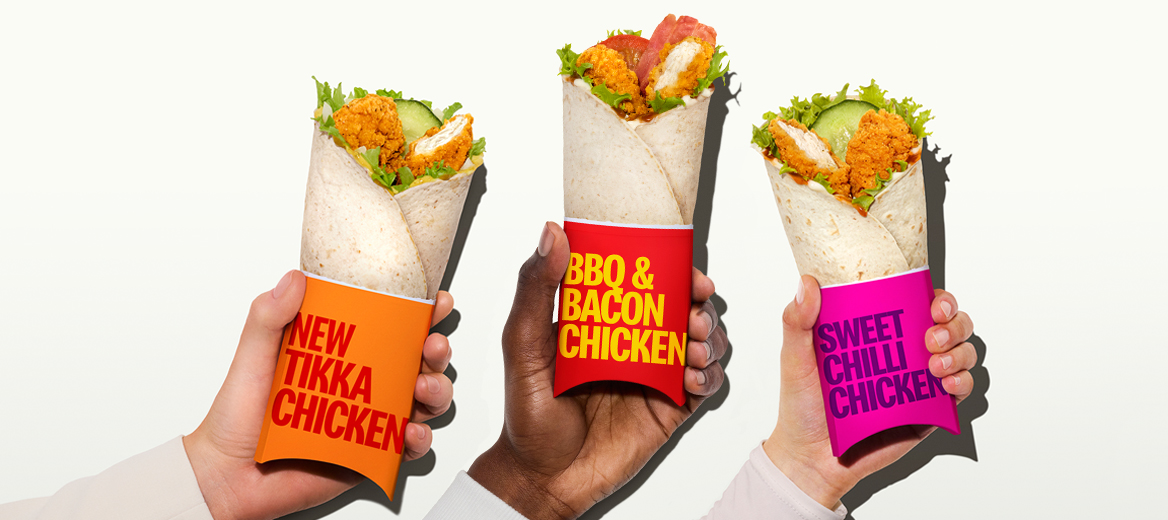 Three images of three different wraps against different coloured backgrounds. 