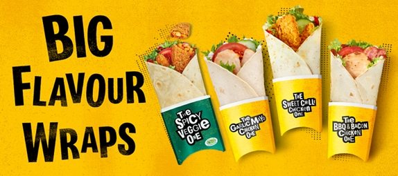 Big Flavour Wraps including The Spicy One, The Garlic Mayo One, The Sweet Chilli Chicken One and The BBQ & Bacon Chicken One