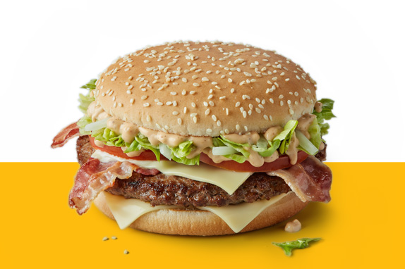 Big Tasty with bacon on a yellow line.