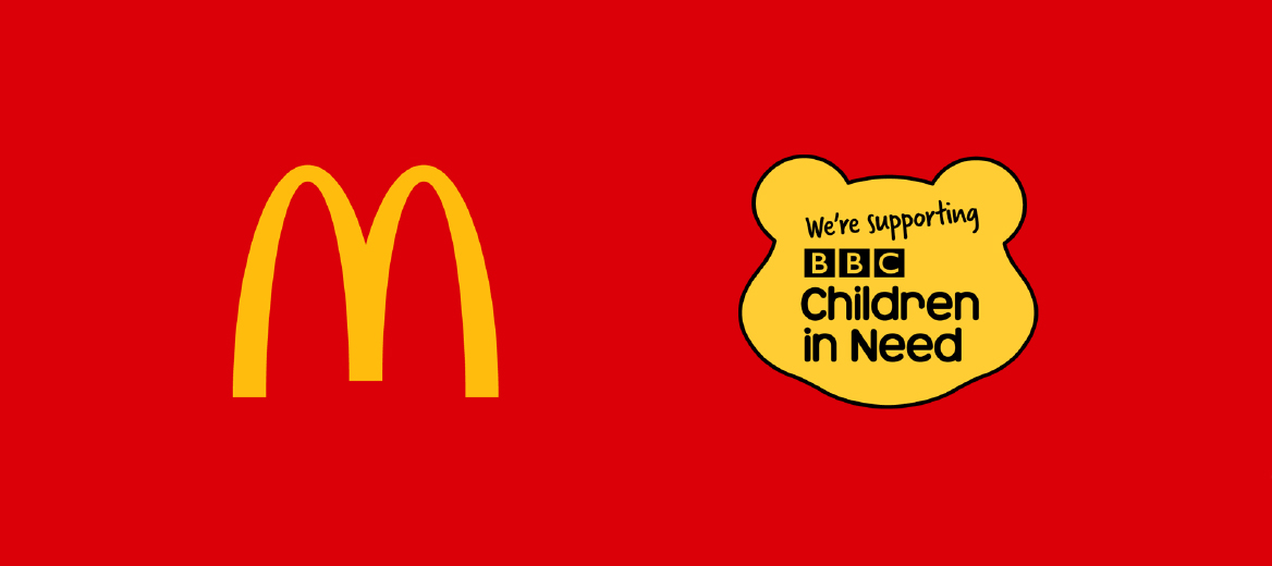 The McDonald's logo next to the Children in Need logo on a red background.