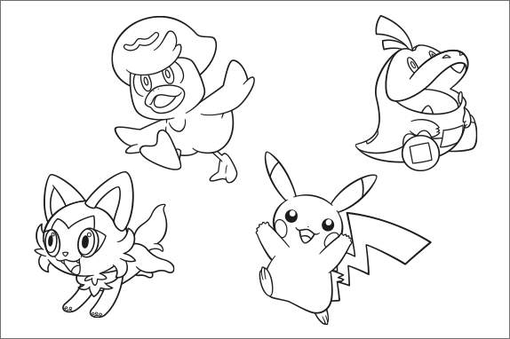 Pikachu, Sprigatito, Quaxly, Fuecoco colouring sheet.