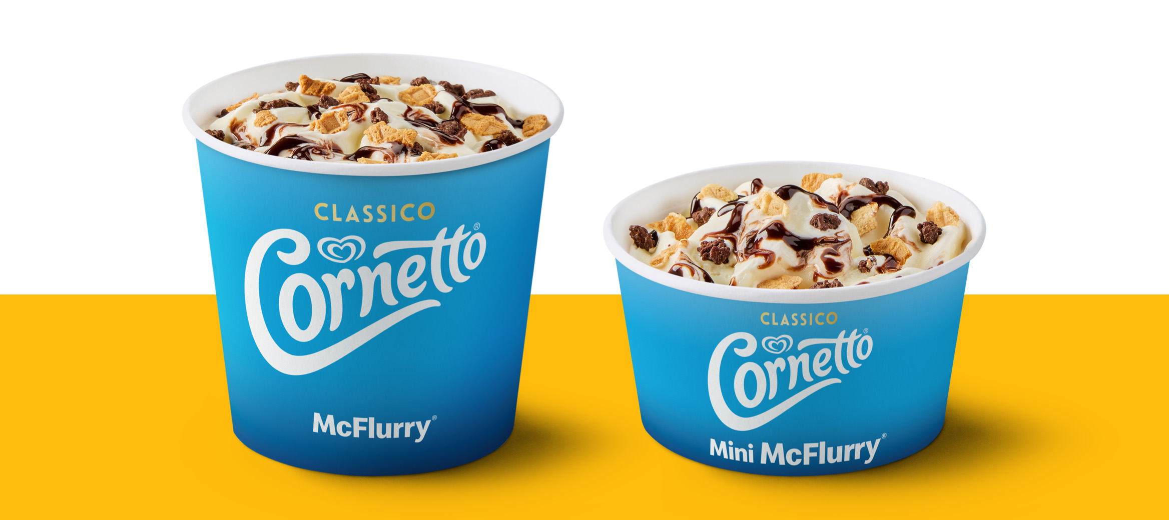 Regular and mini Cornetto Classico McFlurry desserts topped with chocolate pieces and sauce.