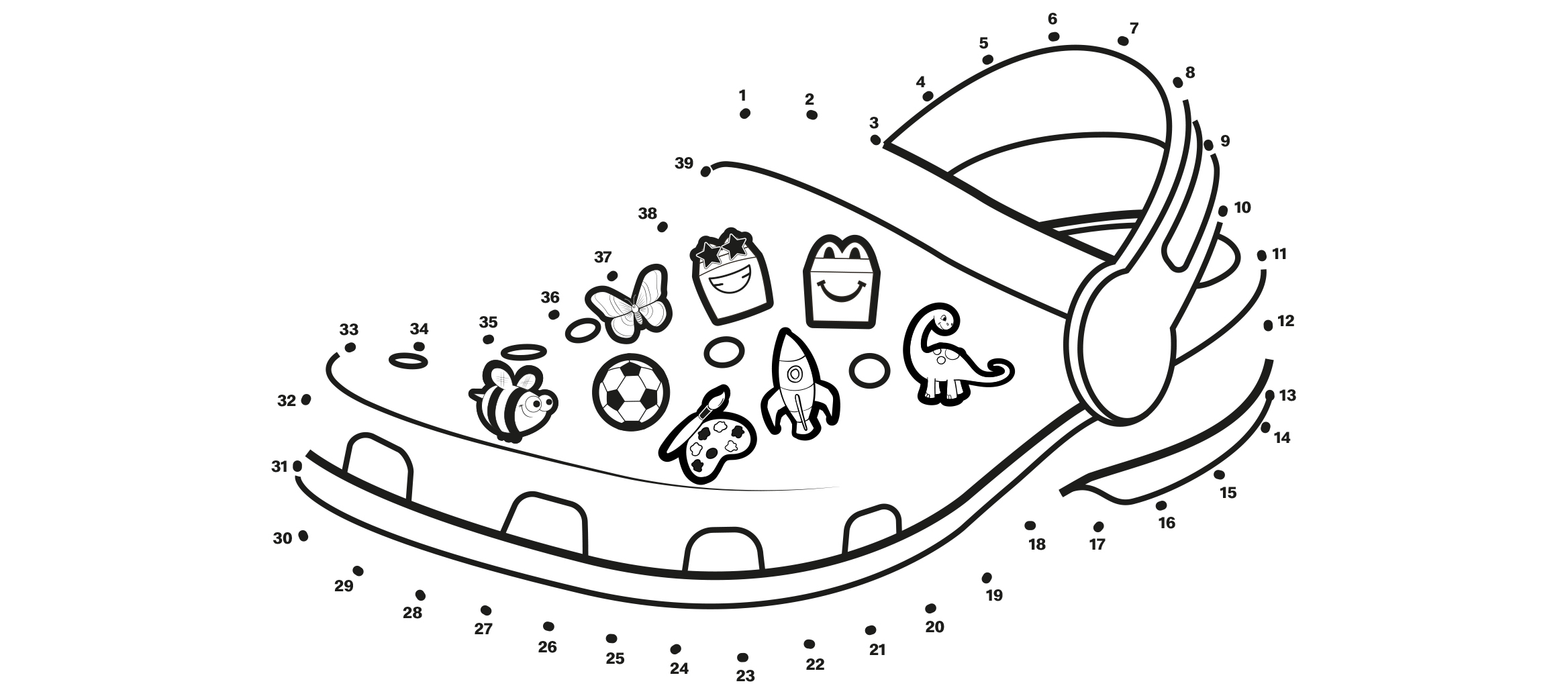 Numbered dot-to-dot puzzle forming a Crocs clog decorated with charms.