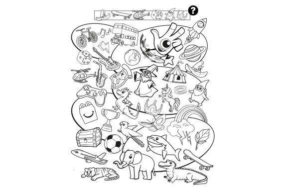 A black and white colouring sheet featuring a Happy Meal box surrounded by Dobble-themed objects such as a rocket, bicycle, football and wizard.