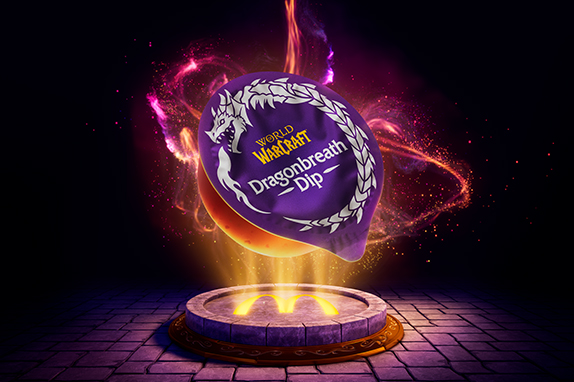 Purple Dragonbreath Dip sauce pot featuring World of Warcraft branding, floating above a glowing McDonald's platform with magical pink and orange energy swirling in the background.
