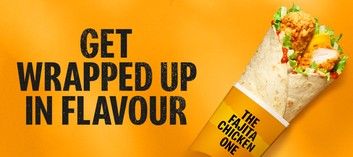 Image of The Fajita Chicken One wrap against a yellow background.