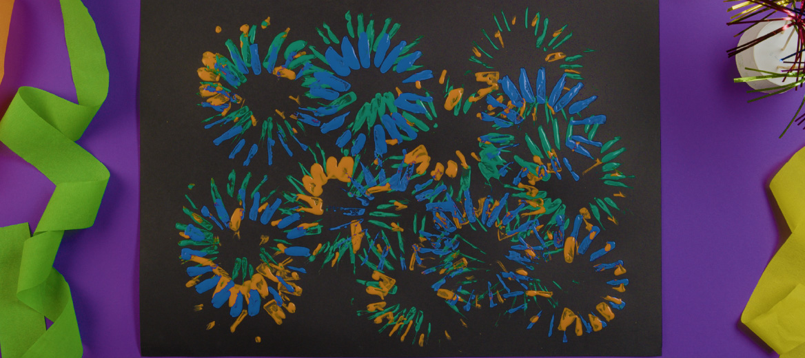 A colourful fireworks painting on a purple background.