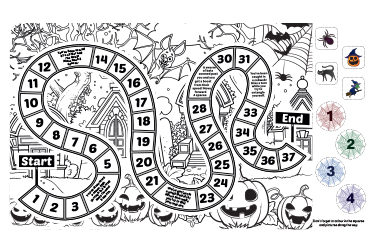  Halloween themed board game with bats, spiders, webs, pumpkins and spooky houses.