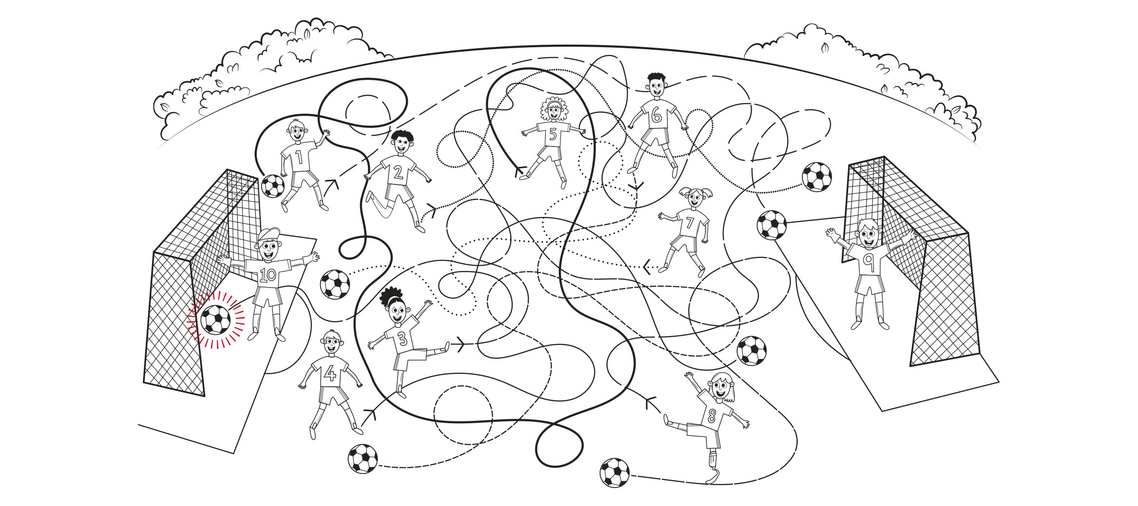 Can your little one work out which player scores the goal by following the squiggly lines?