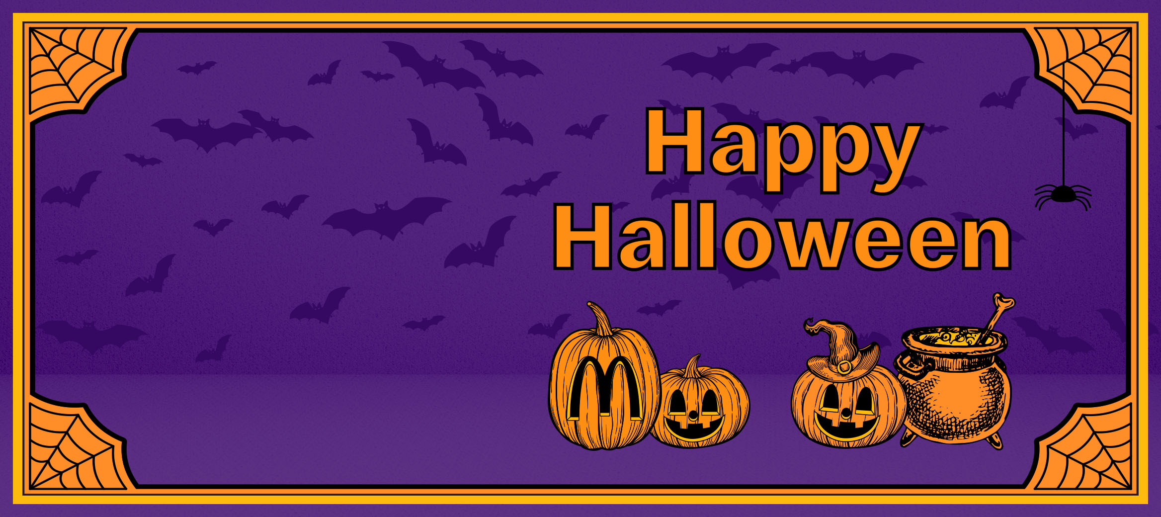 A yellow background with cobwebs, a witch’s hat, spiders, and red text that reads ‘Happy Halloween’