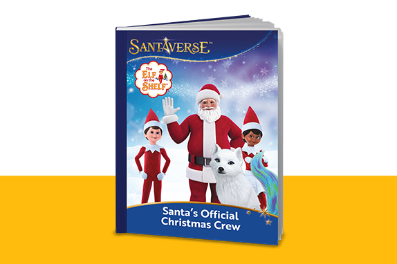 Book cover titled “Santa’s Official Christmas Crew” with Santa, two elves and an arctic fox.