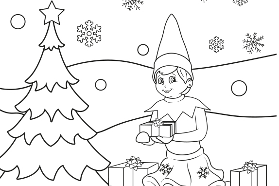 Holiday coloring page with an elf holding a gift beside a Christmas tree and more presents on the ground.