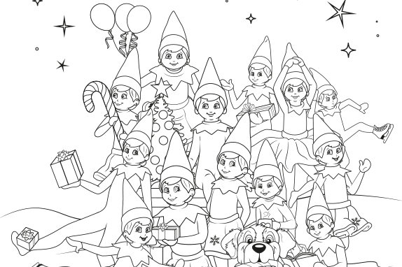 Holiday coloring page with a group of scout elves holding gifts and decorations around a festive tree