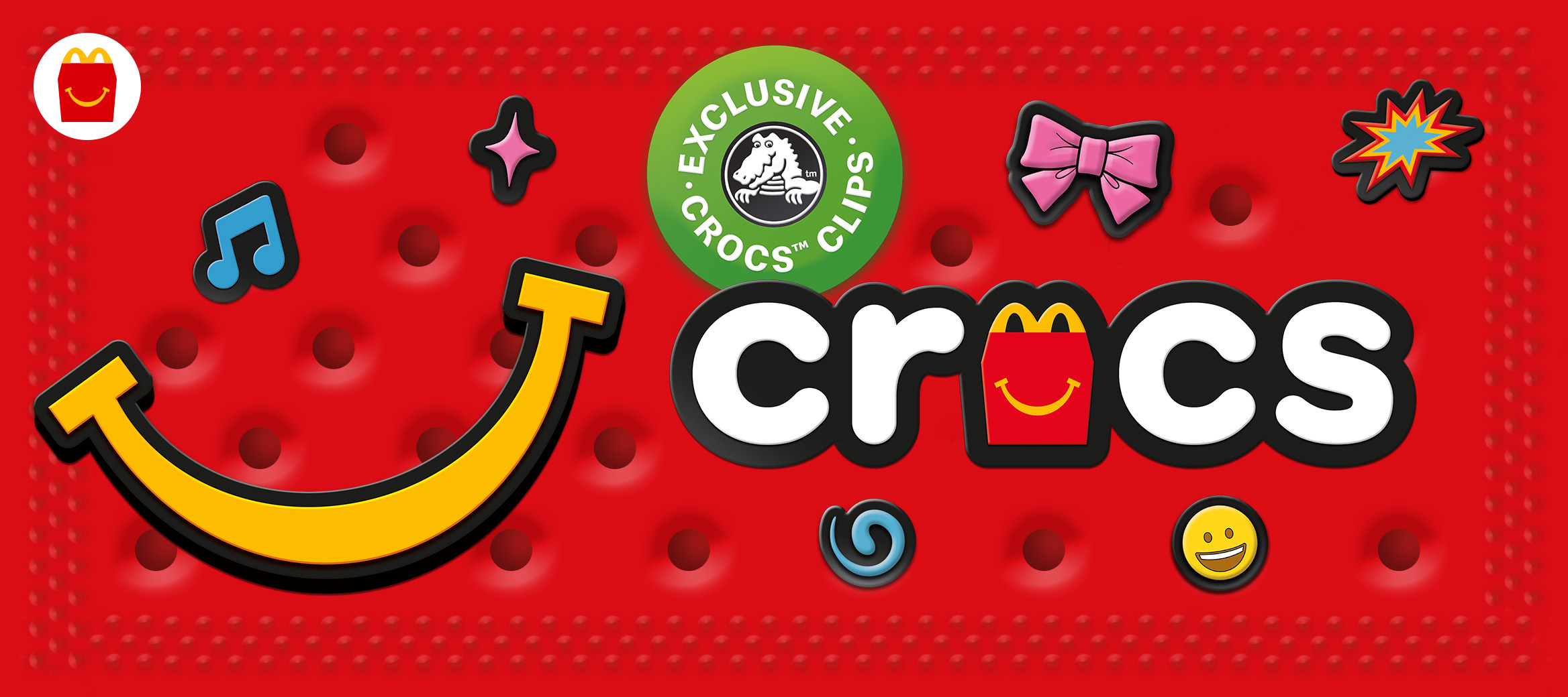 McDonald's and Crocs collaboration graphic on a red Crocs-inspired background with colourful Crocs charms.