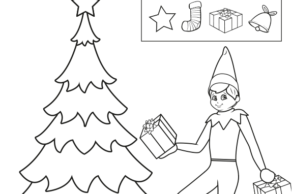 Holiday coloring page with an elf holding gifts beside a Christmas tree and a box of festive icons for decoration.
