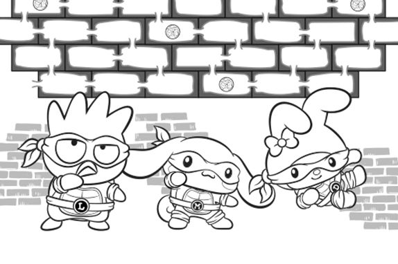 Maze activity sheet titled “Hello Kitty Leonardo’s Lost!” with a brick-pattern maze and cartoon characters at the top and bottom.