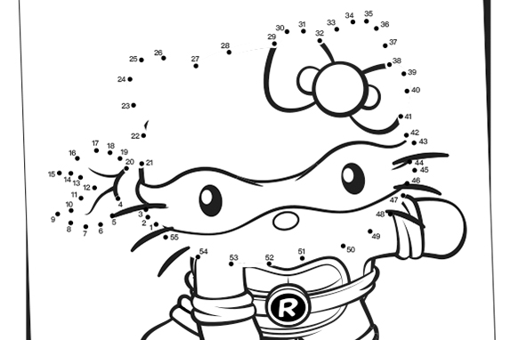 Activity sheet titled “Mash-Up Dot-to-Dot!” featuring a large cartoon character with a mask and bow, partially outlined with numbered dots for a connect-the-dots game.