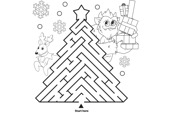 Christmas tree-shaped maze with “Start here,” a reindeer, a creature holding gifts, and snowflakes around it.