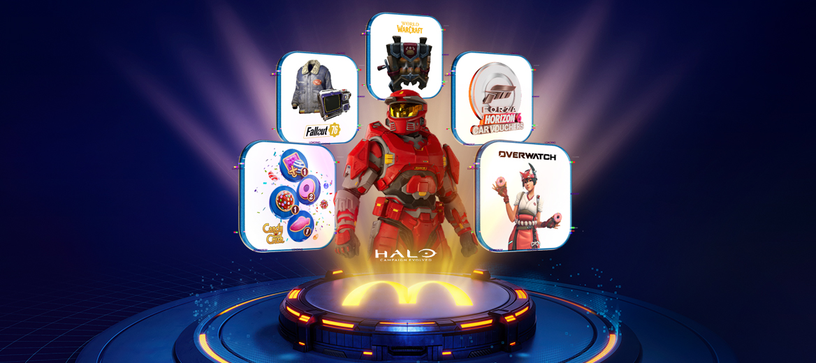 Halo-inspired red armoured character standing above a glowing McDonald's platform, surrounded by icons representing in-game rewards from Halo, Fallout 76, World of Warcraft, Forza Horizon 6, Overwatch, and Candy Crush.