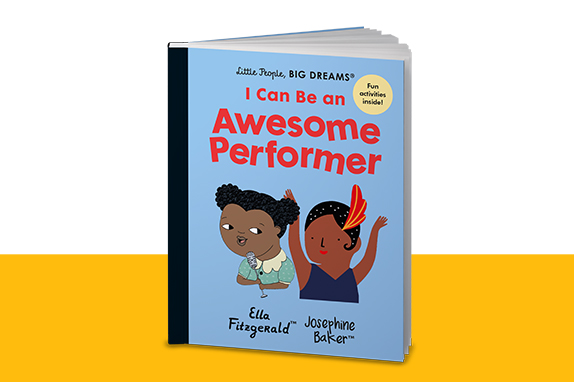 ‘I Can Be an Awesome Performer’ book on a yellow shelf.