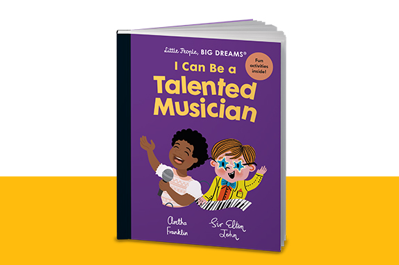 I Can Be a Talented Musician’ book on a yellow shelf.