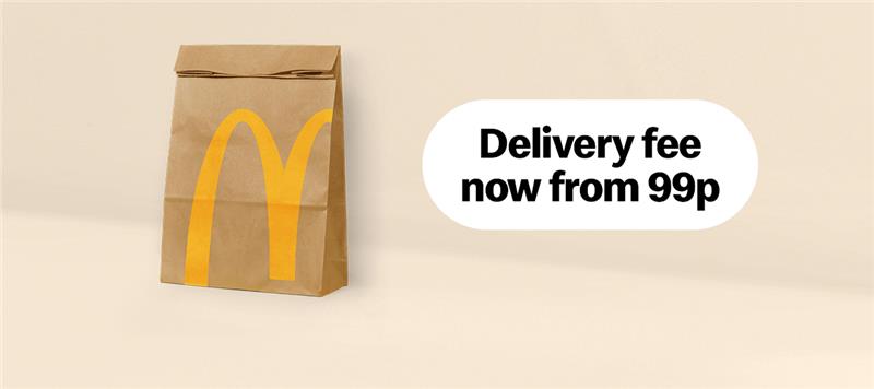 McDonalds Delivery bag with golden arches, sat on yellow shelf with copy ‘Delivery fee now from 99p! Only on the McDonald’s app. Other fees apply. 